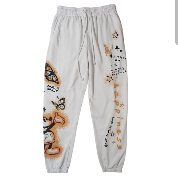 Disney Mickey Mouse Happiness Star Fleece Sweatpants sz M white - Picture 3 of 11